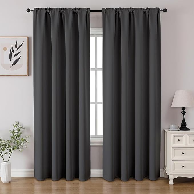 CUCRAF Dark Grey Blackout Curtains 90 inch Length 2 Panels Set, Rod Pocket Room by CUCRAF