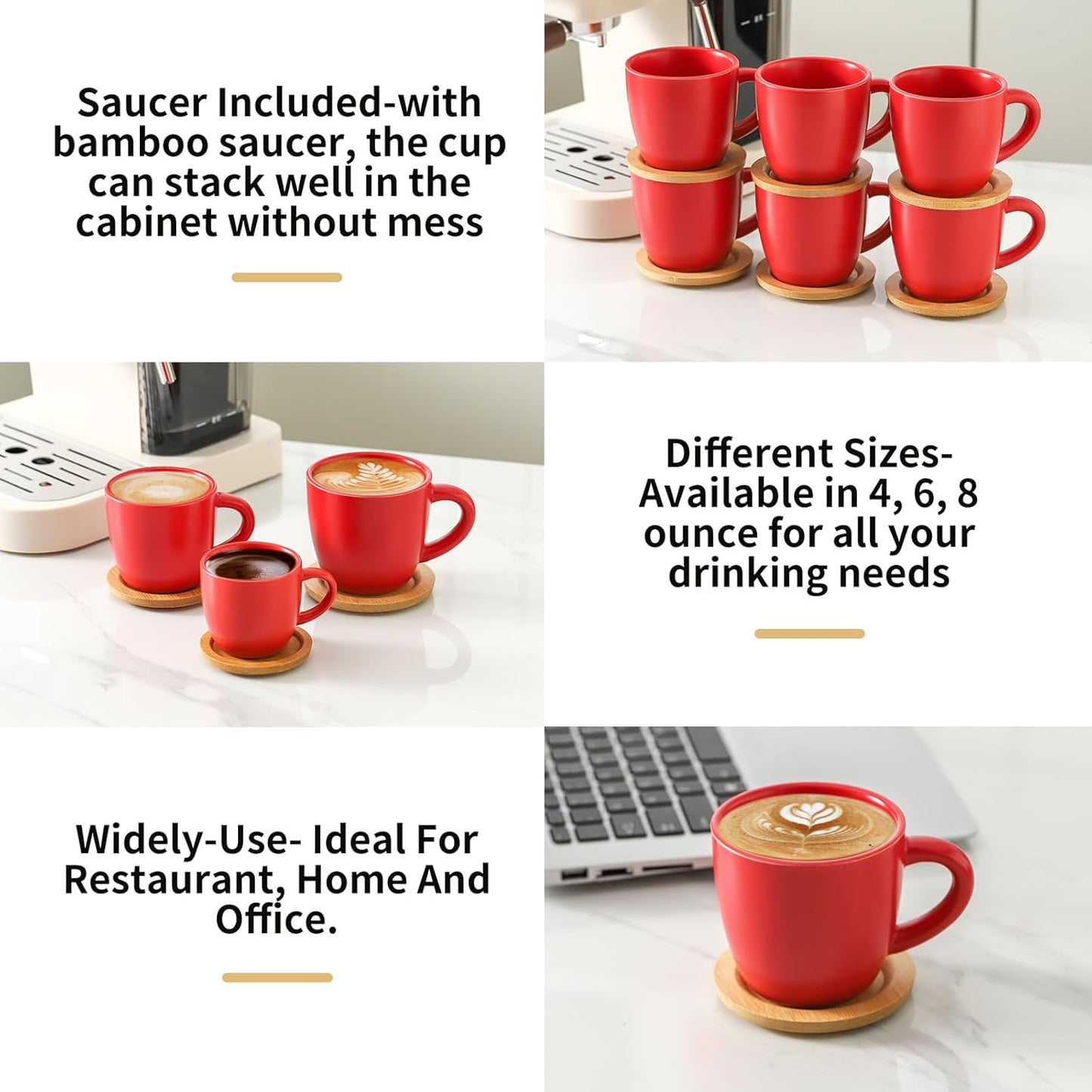 Hasense 8 oz Tea Cups and Saucers Set of 6, Ceramic Coffee Cups with Handle, Latte, Cappuccino, Espresso, Stackable for Party, Home and Kitchen, Red