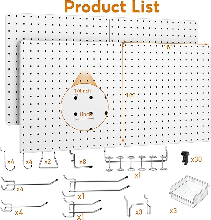 Peg Board, Total 32” x 32”, 4 Pack White Peg Board Panels, 50lbs Load Capacity - Image 2