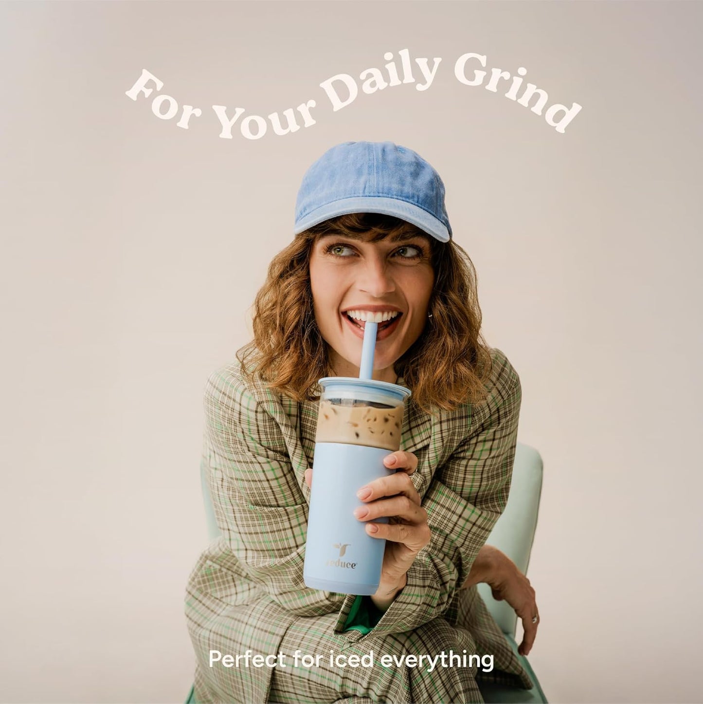 REDUCE Aspen 20 oz Vacuum Insulated Glass Tumbler with Lid & Extra Wide Straw - Keeps Drinks Cold for 12 Hrs - Ideal for Iced Coffee, Smoothies & Boba - Dishwasher Safe, Soft Base - Sand