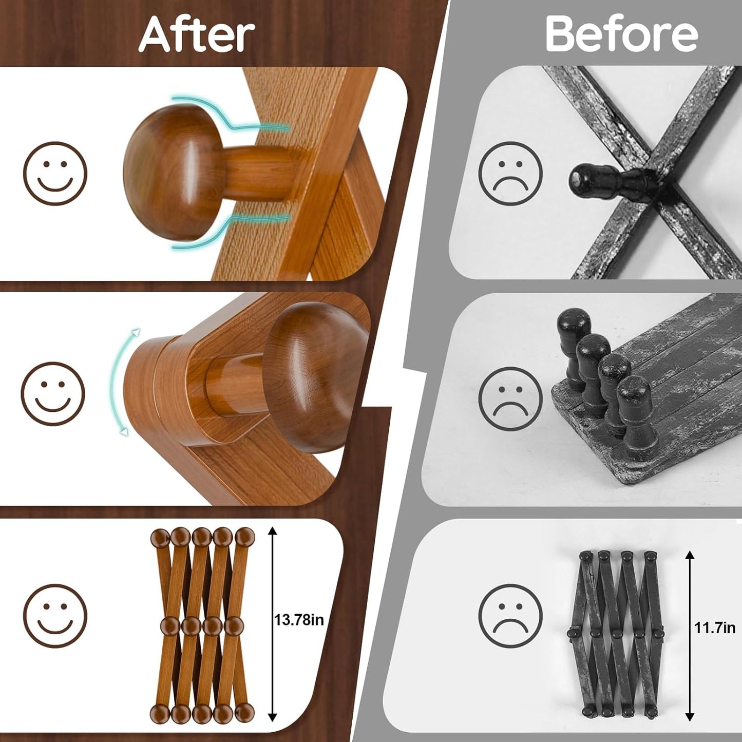 Accordion Wall Hanger 14 Hooks, Expandable Coat Rack Wall Mount for Coats, Hats, Bags, Baseball Caps, Solid Wooden