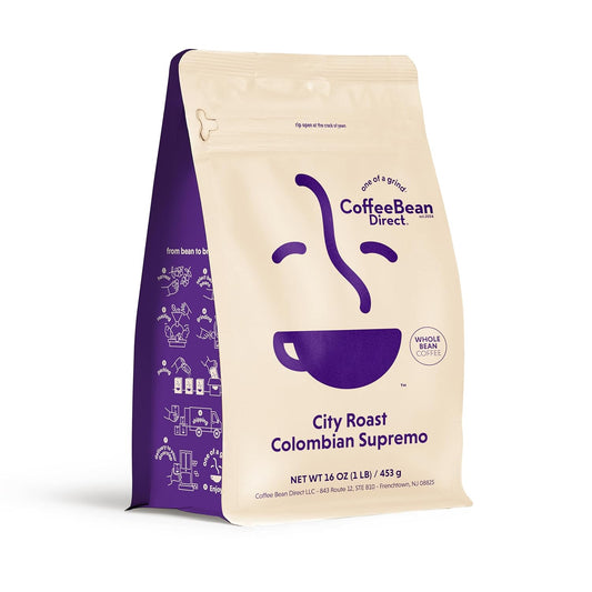 Coffee Bean Direct City Roast Colombian Supremo, Whole Bean Coffee, Medium Roast, 1 Pound Bag (Pack of 1)
