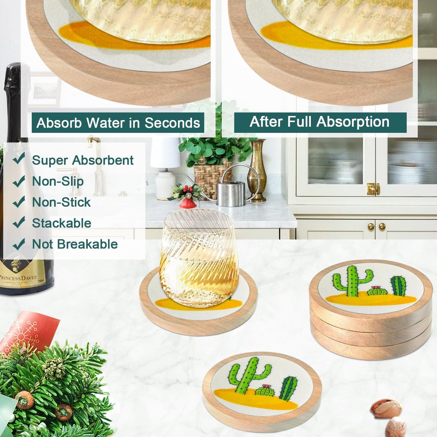 Cactus Coasters for Drinks, Minacun Absorbent Coaster Set of 5, Funny Coasters for Coffee Tabletop Protection, Unique Gift for Home, Office, Bar Decor, 4.3 Inches