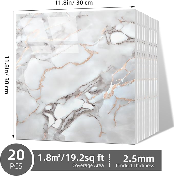 Vieshful 20pcs Peel and Stick Backsplash Tile，12"x12" Self Adhesive Marble Tile - Image 3
