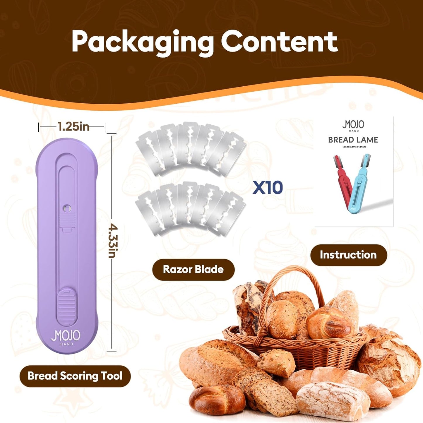 MOJOHAND Bread lame for Dough, Magnetic & Reusable Bread Lame Dough Scoring Tool, Anti-Slip Handle with Long Retractable Razor blades, Sourdough Scoring tool for Bread Making (Purple)