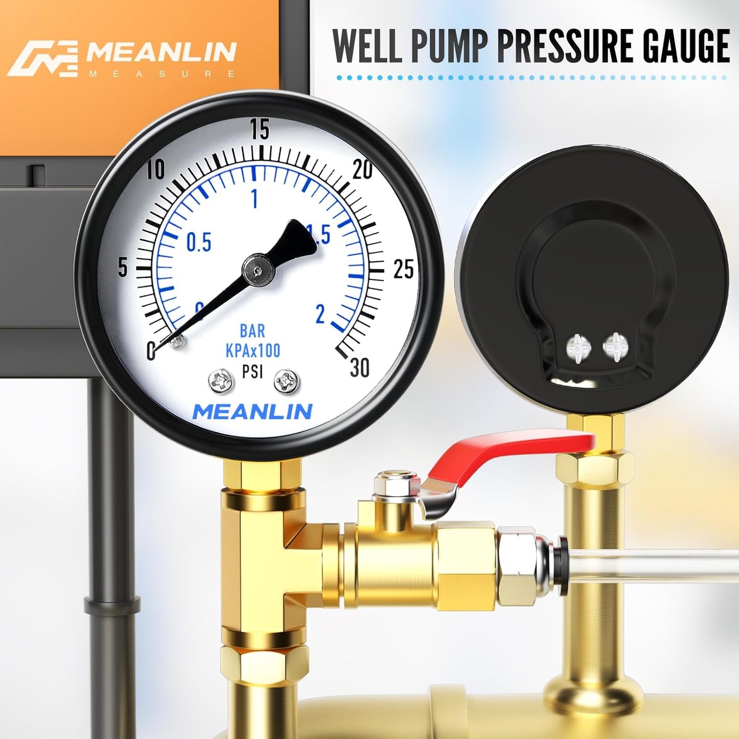 MEANLIN MEASURE 0-30Psi Well Pump Pressure Gauge 1/4" NPT 2" FACE DIAL for Pool Sand Filter Water Oil Air Pressure Test Lower Mount, with Teflon Tape