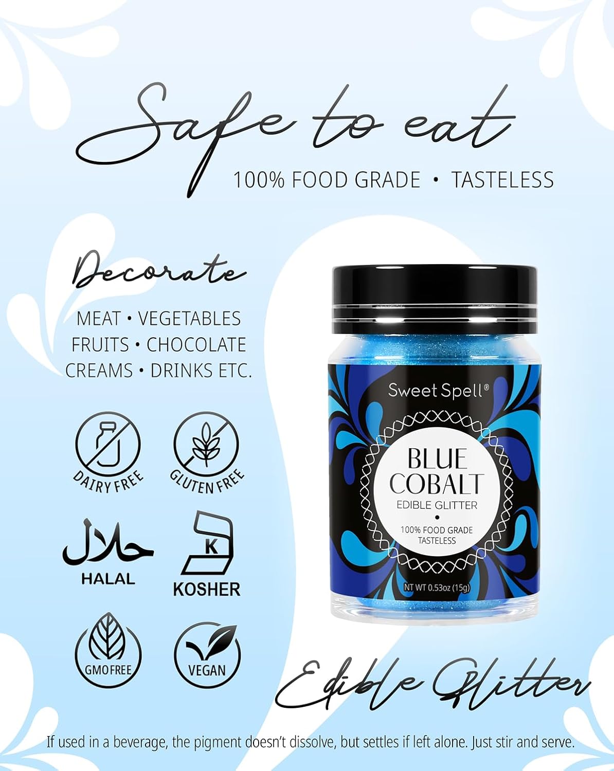 Sweet Spell Edible Glitter (15g) - Shimmer Sparkles for Drinks, Cakes, Cocktails - 100% Edible & Food Grade Glitter, Vegan, Gluten-Free (Blue)