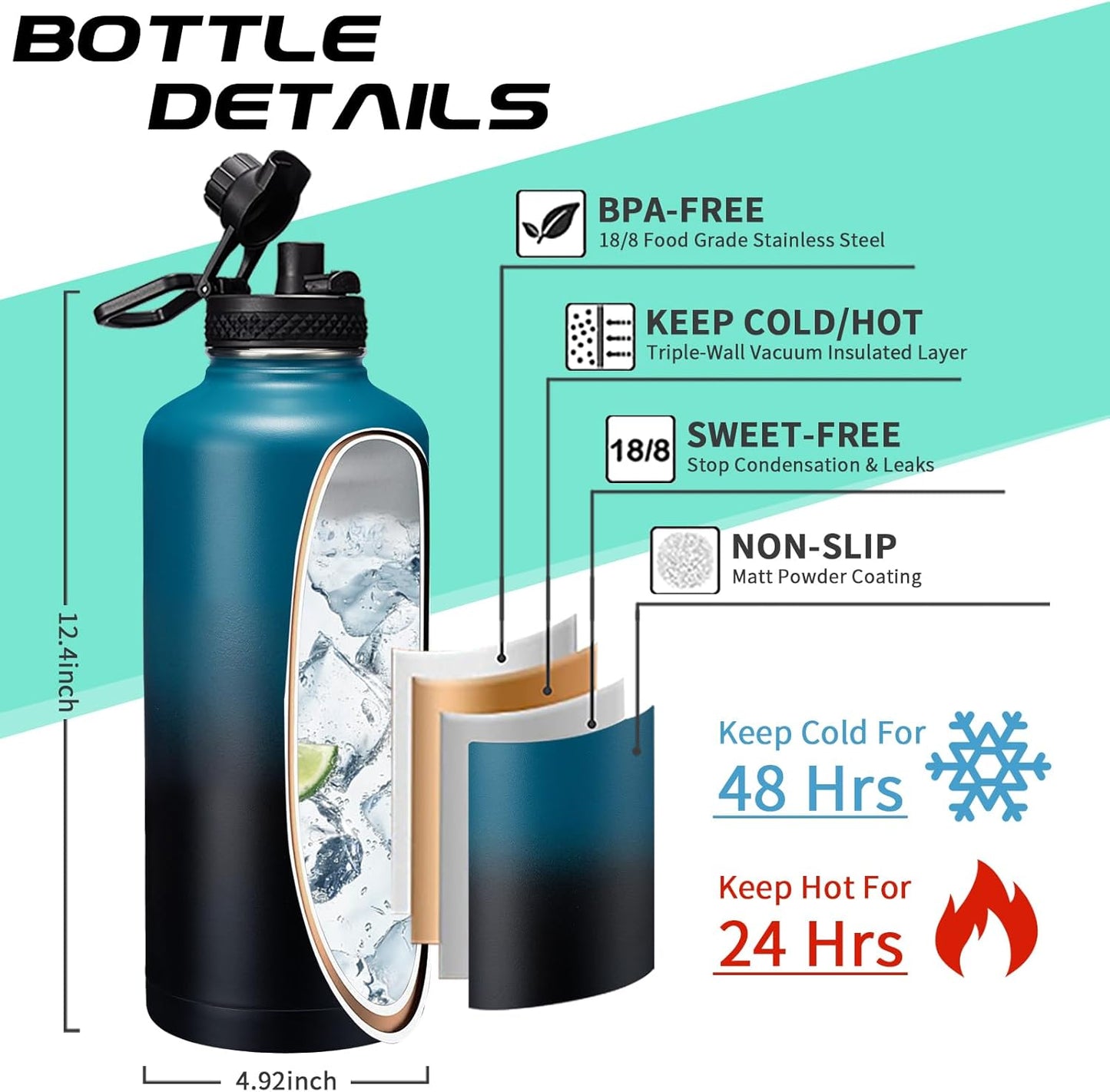 87/128 oz Insulated Water-Bottle with straw - Gallon Water Bottles with Phone Holder, Stainless Steel Water Jug with Strap & Auto Chug Lids, Gym Camping Sport Metal Flask w/Paracord Handle