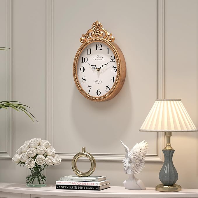 Abdurey Small French Retro Decorative Wall Clock, Antique Gold Vintage Oval - Image 4