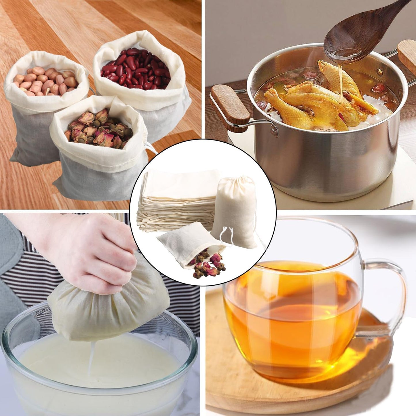 Eketirry Spice Bags, 20pcs Reusable Empty Tea Bags, Muslin Strainer Bags, Soup Bags for Cooking, Natural Cotton Fine Mesh Cheesecloth Bags for Cold Brew Coffee(8 x10Inch)