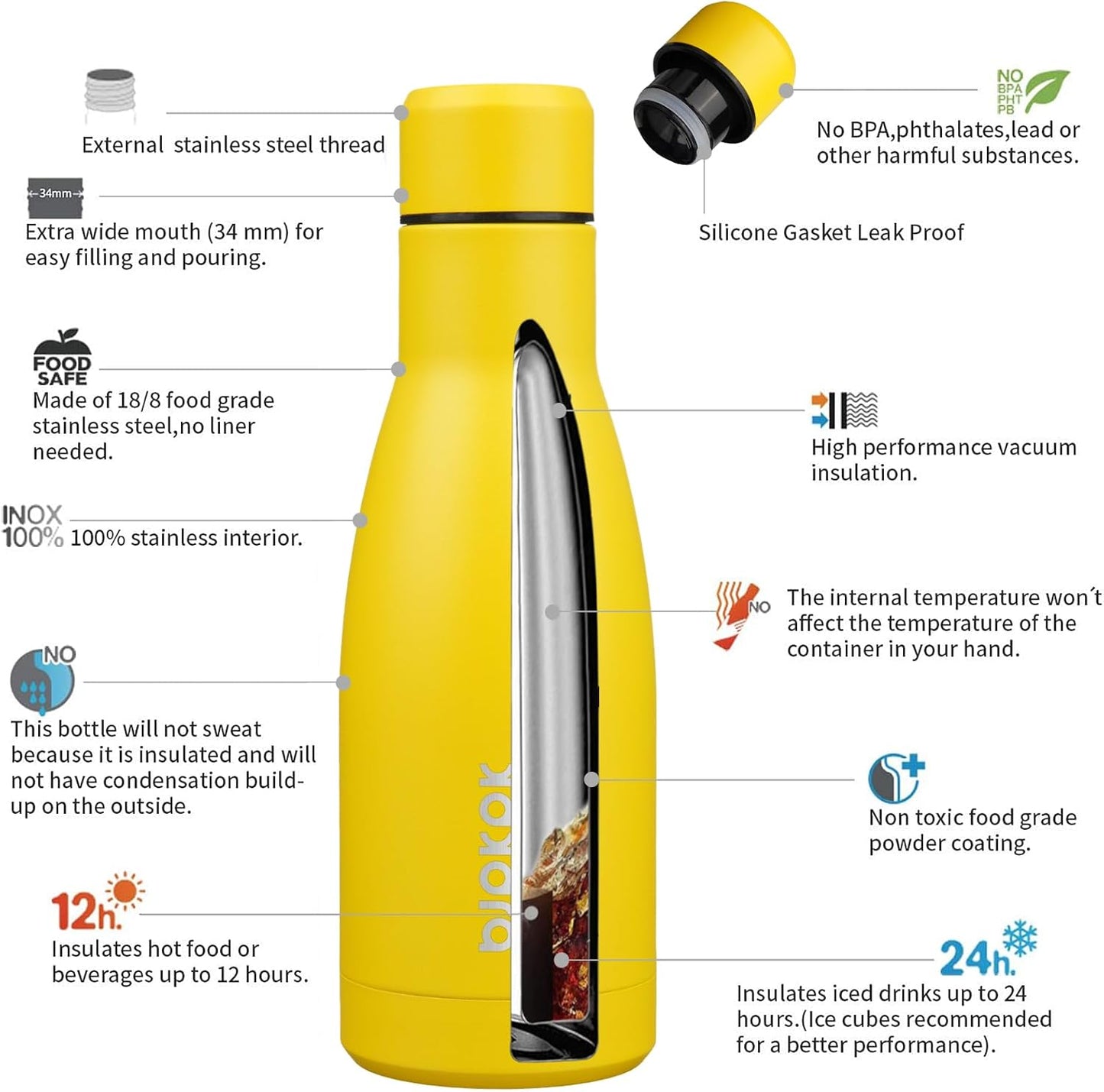 BJPKPK 12oz Water Bottles Stainless Steel Double Wall Vacuum Insulated Small Water Bottles for Travel,Yellow