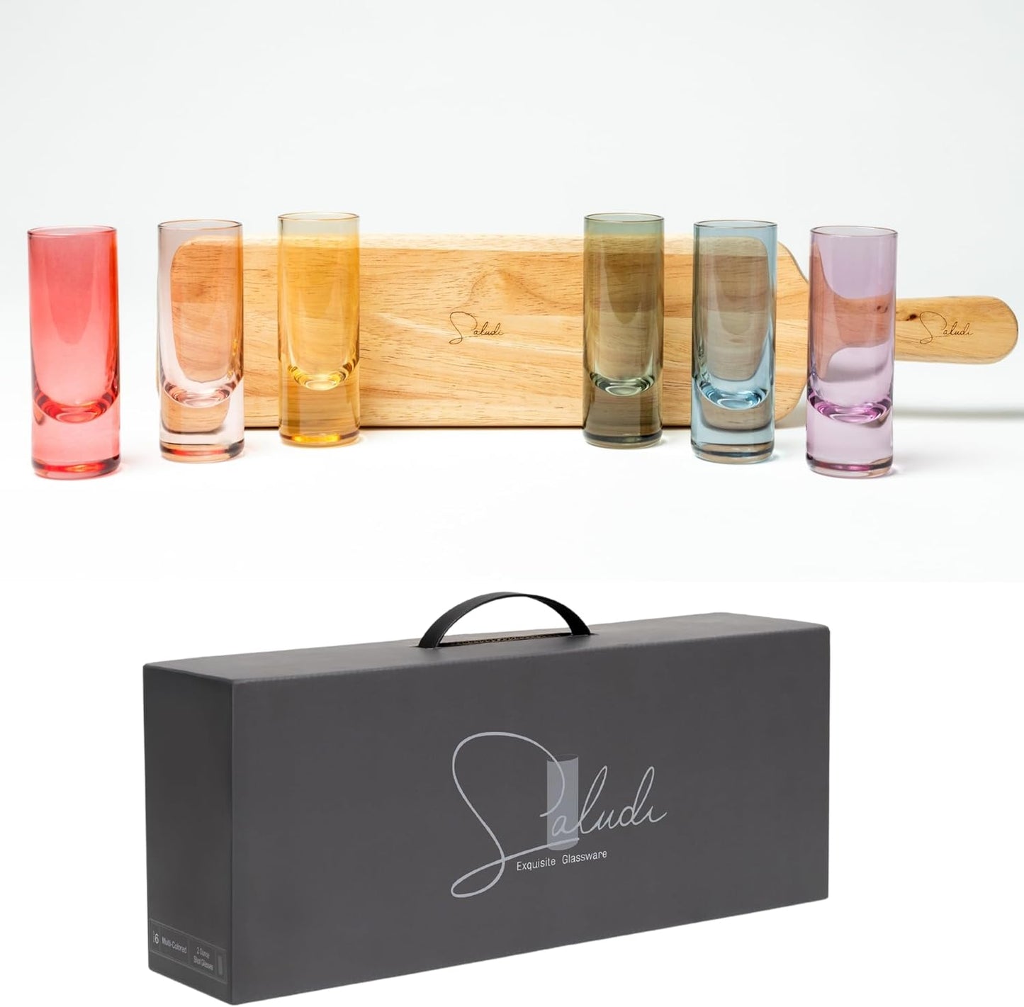 Saludi Colored Shot Glasses, 2oz (Set of 6) Multi-Color Glass with Wood Paddle - Luxury, Durable, Hand-Blown, Cute, Cool, Pink, Christmas, Rainbow, Unique, Tequila