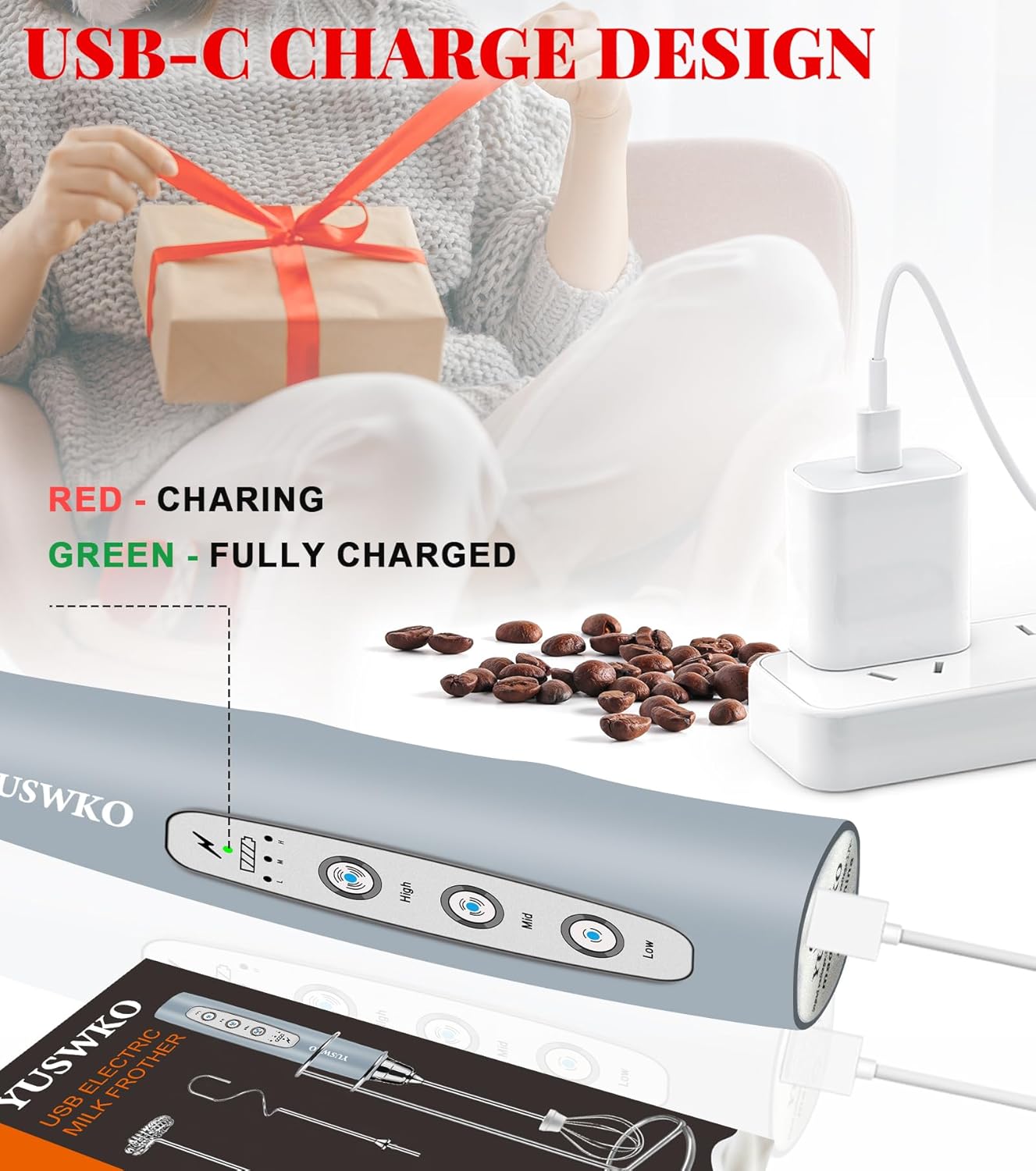 YUSWKO Rechargeable Milk Frother for Coffee, Handheld Drink Mixer with 3 Heads 3 Speeds, Ideal Electric Stirrers for Travel