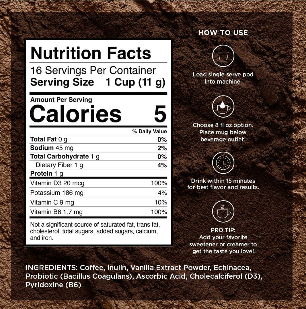 VitaCup Immunity Coffee Pods, Wellness Boost with Antioxidants, Echinacea, Probiotics, Vitamin C & D3, Medium Dark Roast, Recyclable Single Serve Pod Compatible with Keurig K-Cup Brewers,64 Ct