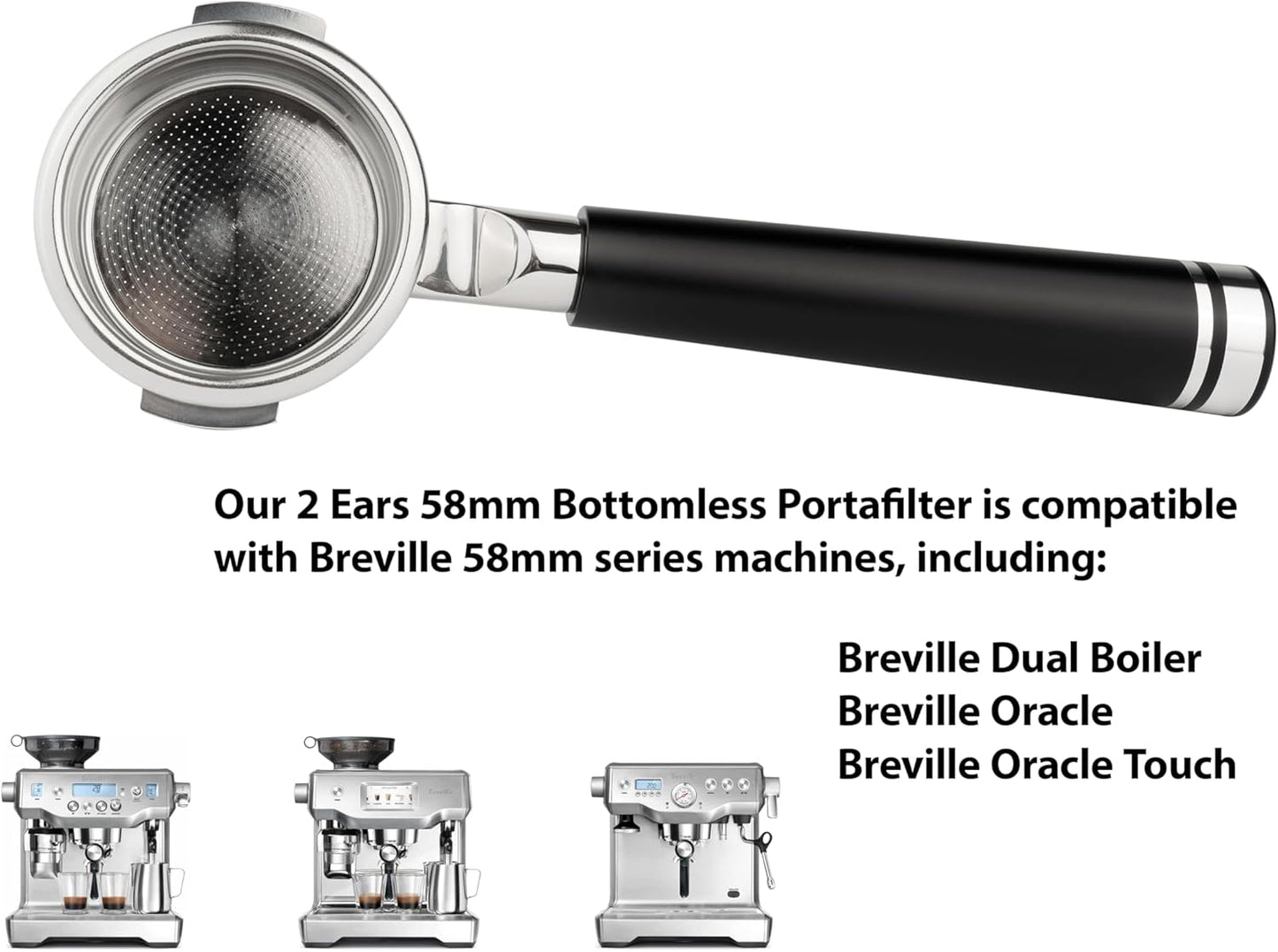 LILQ 58mm Bottomless Naked 2 Ears Portafilter Compatible with Breville Machines– Includes 18–20g Basket (Aluminum Flat, 58mm For Breville)