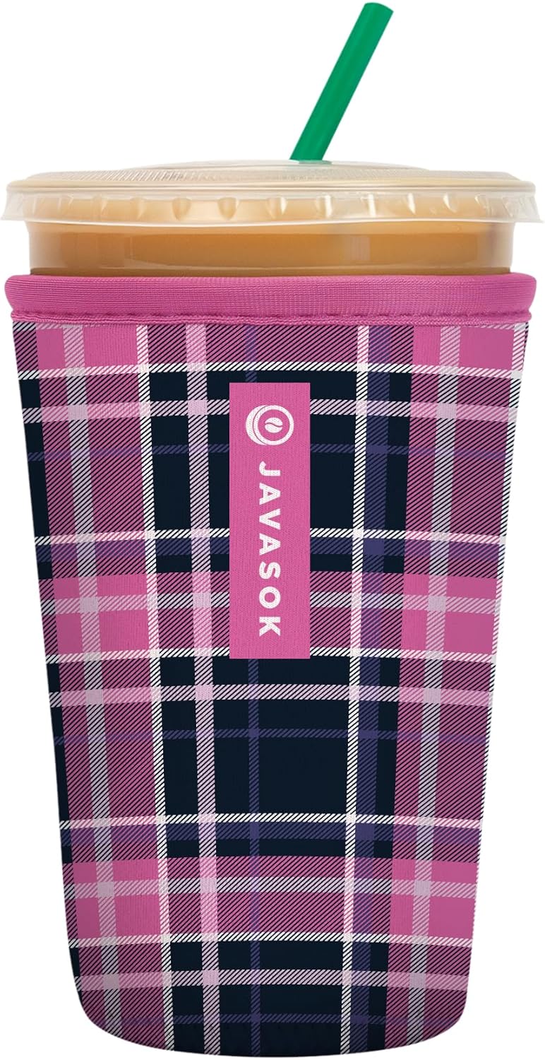 Sok It JavaSok Iced Coffee & Cold Soda Insulated Neoprene Cup Sleeve (Berry Plaid, Medium: 22-28oz)