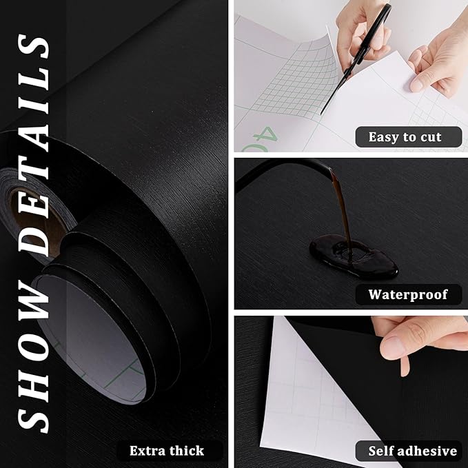 FUKU MON 23.6" X 393" Black Wallpaper Peel and Stick Contact Paper Solid - Image 2