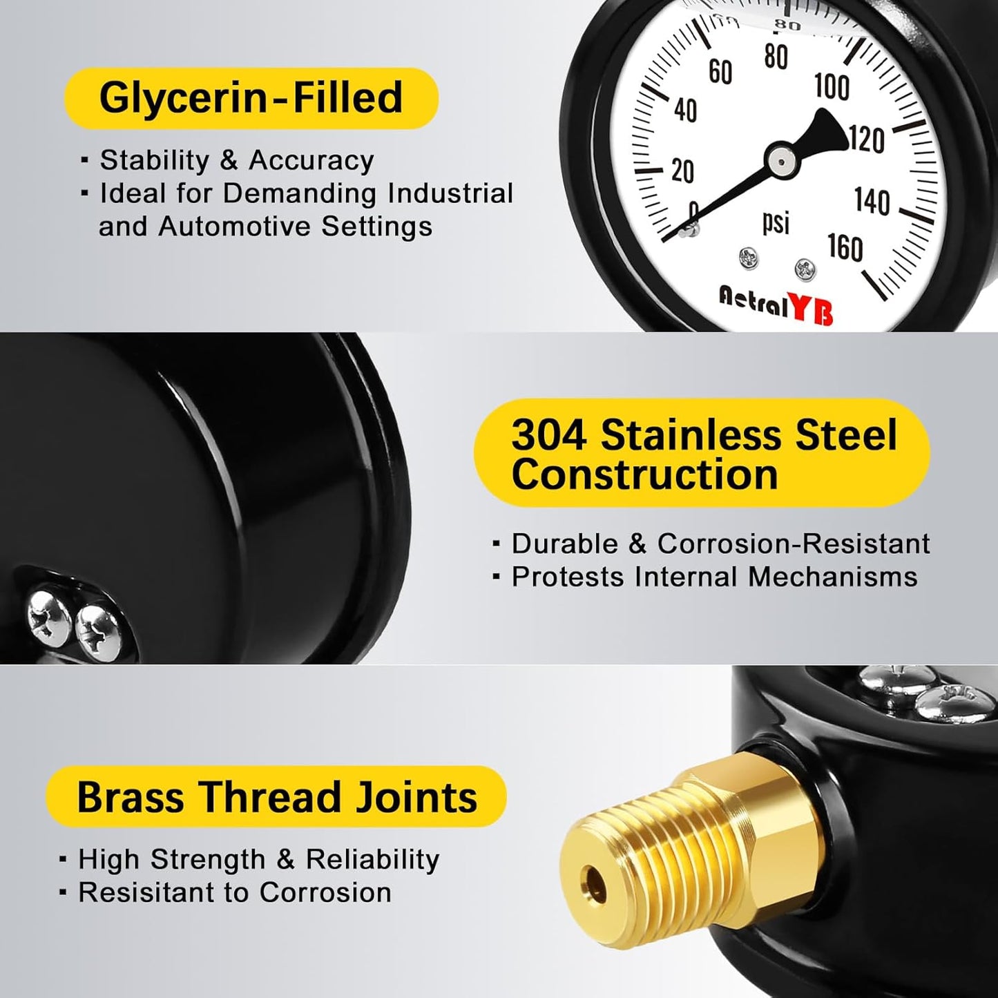 0-160 Psi Pressure Gauge,Stainless Steel Case,Glycerin Liquid Filled, 2.5" Dial Size, 1/4" NPT Lower Mount, IP67 Waterproof,for Water Pump, Air Compressor, Well Pump, RV Regulator