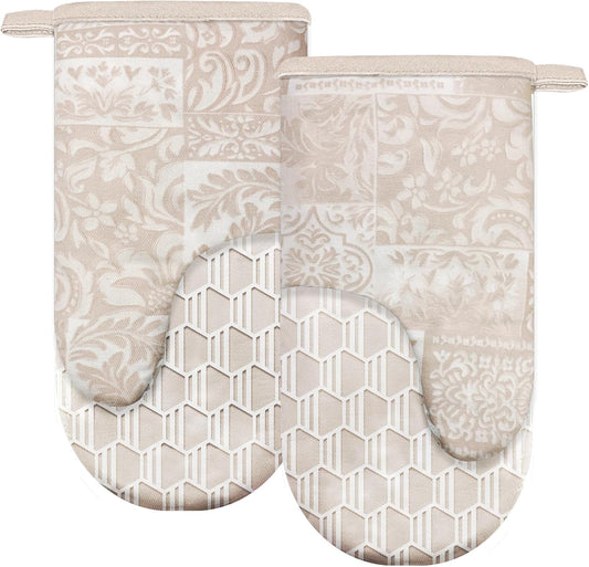 Thumb Oven Mitts, Heat and Slip Resistant Silicone Kitchen Mittens 2-Pack Set, Khaki Patchwork Flower Soft Long Oven Gloves, Flexible Thick Potholders for Safe Baking Cooking and Grill(Khaki)