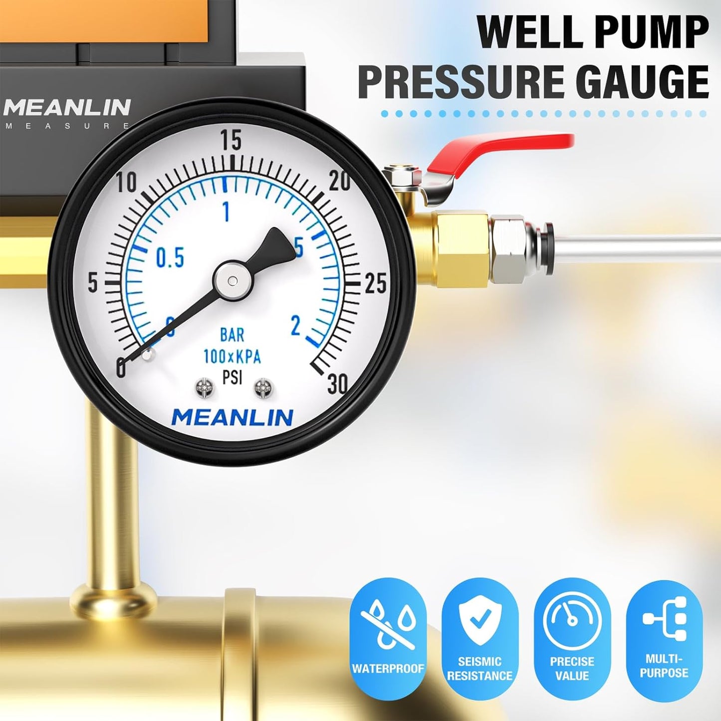 MEANLIN MEASURE 0-30Psi 2" DIAL FACE 1/8" NPT Well Pump Pressure Gauge, with 1/4" NPT and 3/8" NPT Hex Bushing, 3-2-3% Accuracy, Center Back Mount