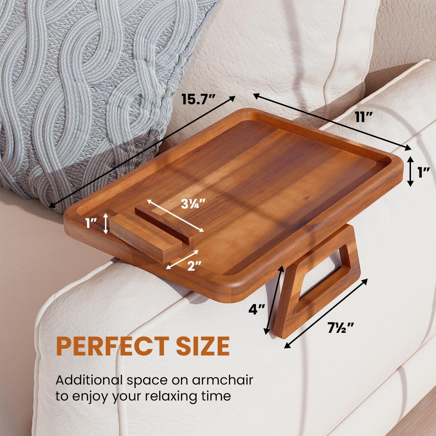 Tinamo 15.7" x 11" Large Couch Arm Table with 360 Rotating Phone Holder - Sofa Arm Clip Table for Living Room - Sofa Armrest Tray Wide Couches - Wooden Side Tables for Eating and Drink (Acacia Wood)