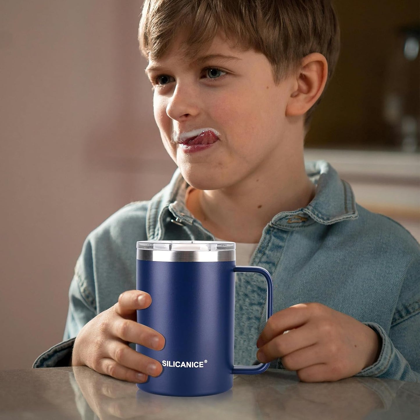 14 oz Stainless Steel Vacuum Insulated Tumbler with handle & MacSlider Lid, Dishwasher Safe & Spill Proof Coffee Cup, Travel Mug for Hot/Cold Drinks, Durable Design - Navy