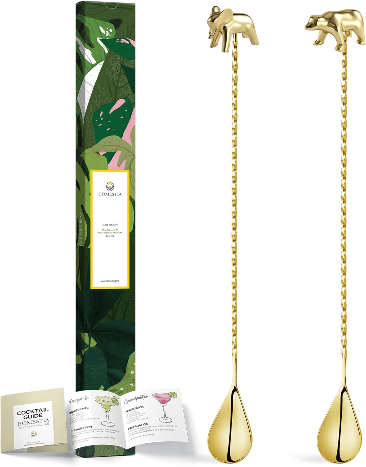 Homestia Gold 12-Inch Stainless Steel Cocktail Spoon with Elephant Bear Handle - Perfect for Mixing & Layering Drinks in Tall Cups, Bar & Shakers - Durable Long Handle Bar Stirrer, 2-Pieces