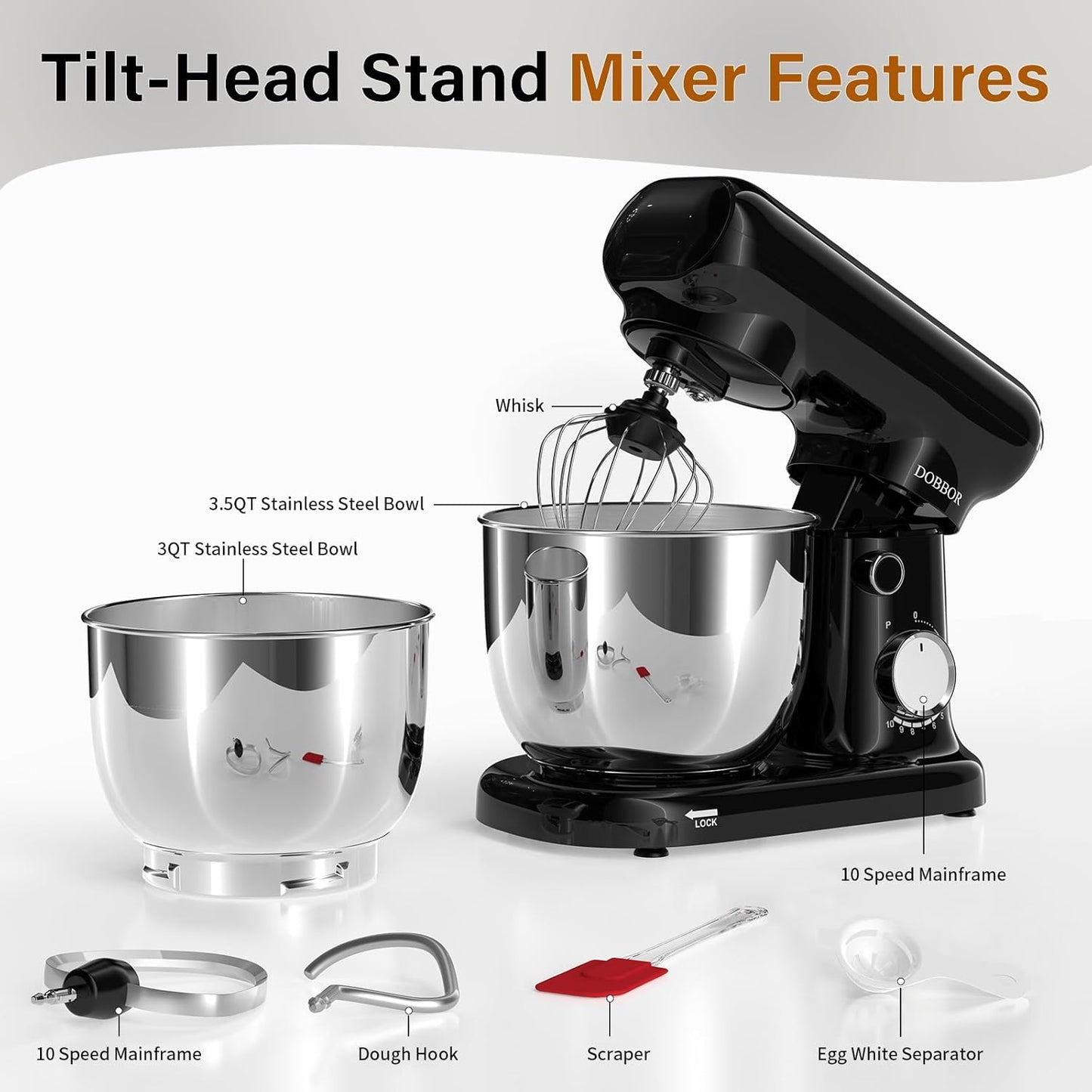 Stand Mixer with 3QT+3.5QT Dual Bowls, 10-Speed Electric 300W Food Mixer - Includes Egg Whisk, Dough Hook & Flat Beater for Home Baking & Daily Cooking (Black)