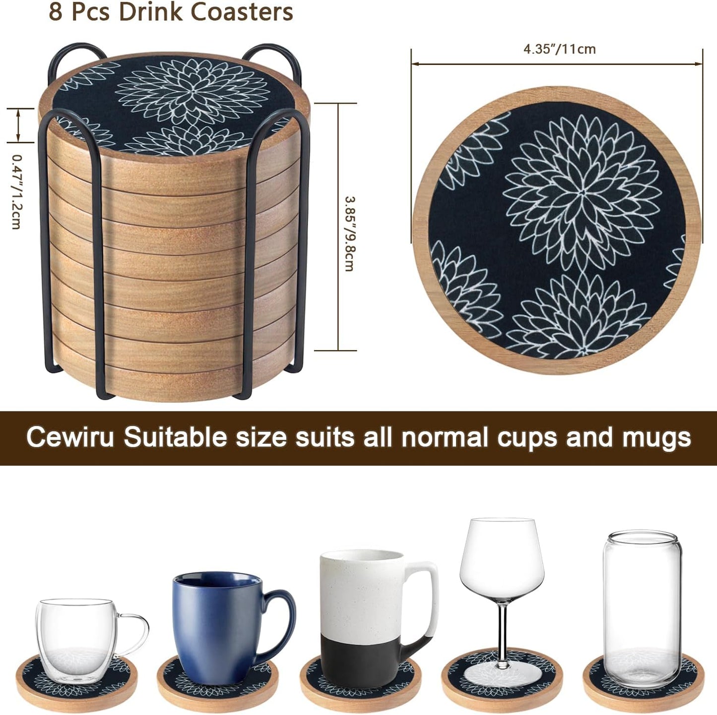 Wood Coasters Set of 8 with Holder, Cewiru Cup Mat for Drinks, Absorbent Coasters with Felt Insert for Coffee Table Protection, Modern Style Home Dining Table Decor, 4.3" Black