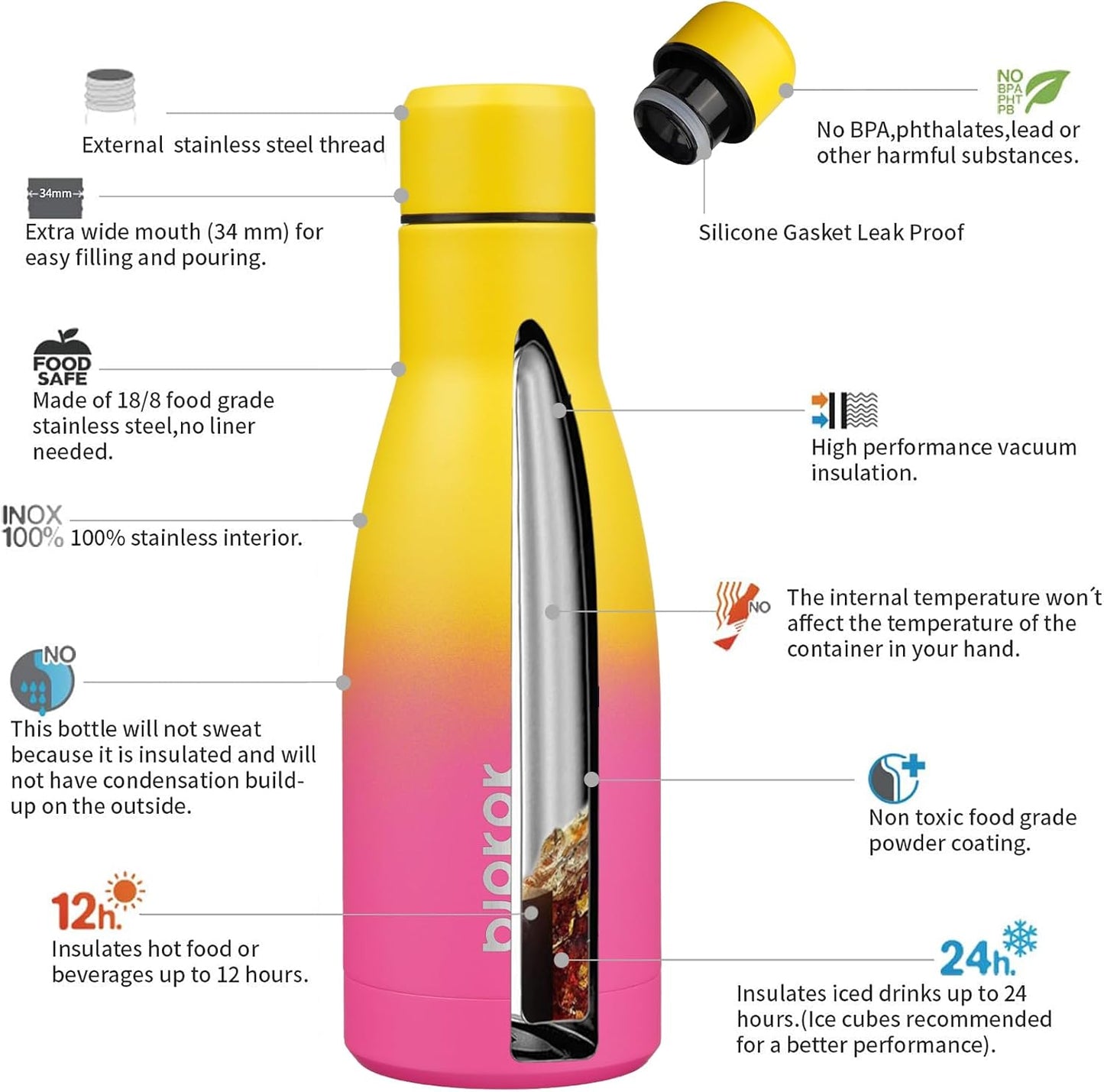 BJPKPK 12oz Water Bottles Stainless Steel Double Wall Vacuum Insulated Small Water Bottles for Travel,Rainbow