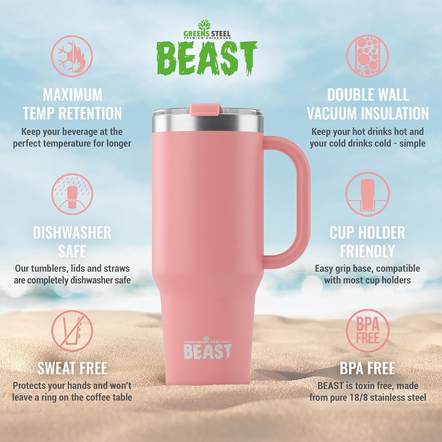Beast 50 oz Tumbler Stainless Steel Vacuum Insulated Coffee Ice Cup Double Wall Travel Flask (Blossom Pink)