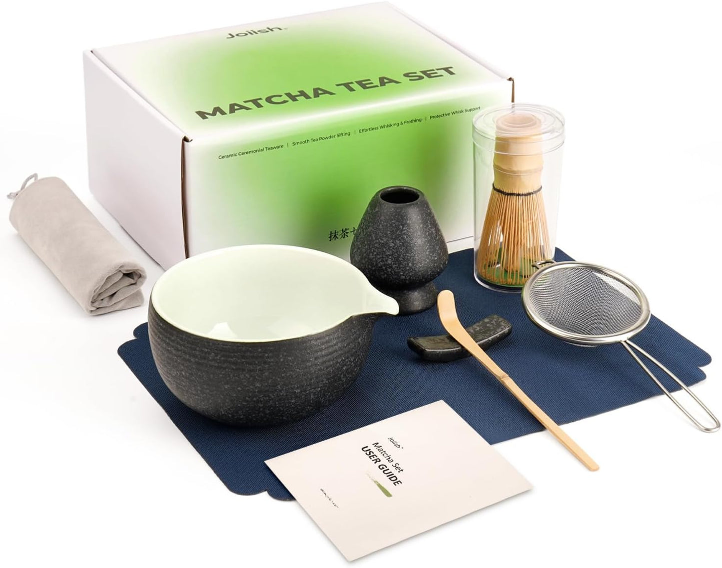 7 Pcs Matcha Kit Set, Matcha Whisk and Bowl with Spout, Powder Sifter, Whisk Holder, Bamboo Scoop and Scoop Rest, Perfect Prepare Tools for Making Matcha Tea (Charcoal Grey)