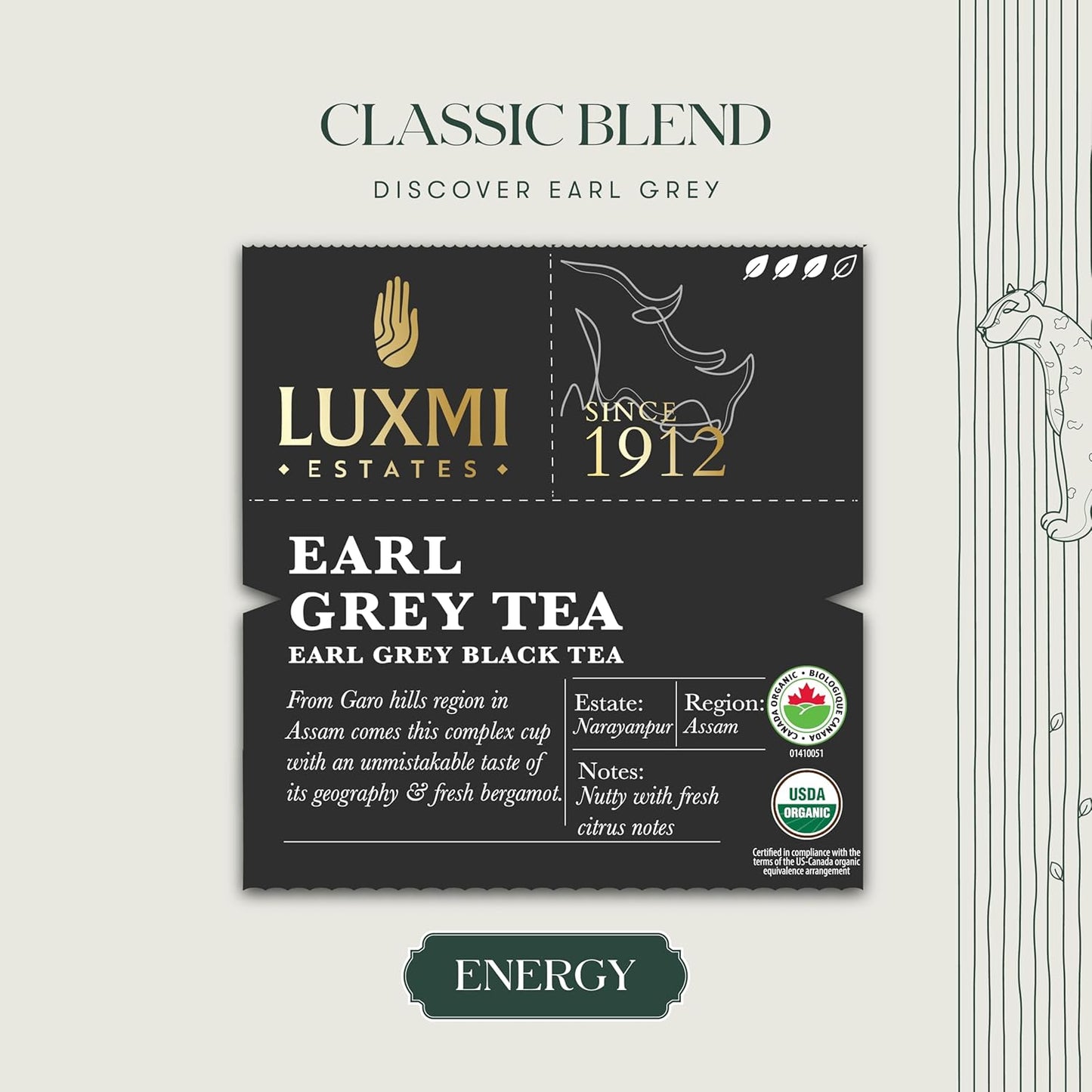 Luxmi Estates Garo Hills Earl Grey Tea 25 Tea Bags (50g) Pack | Certified Organic Black Tea