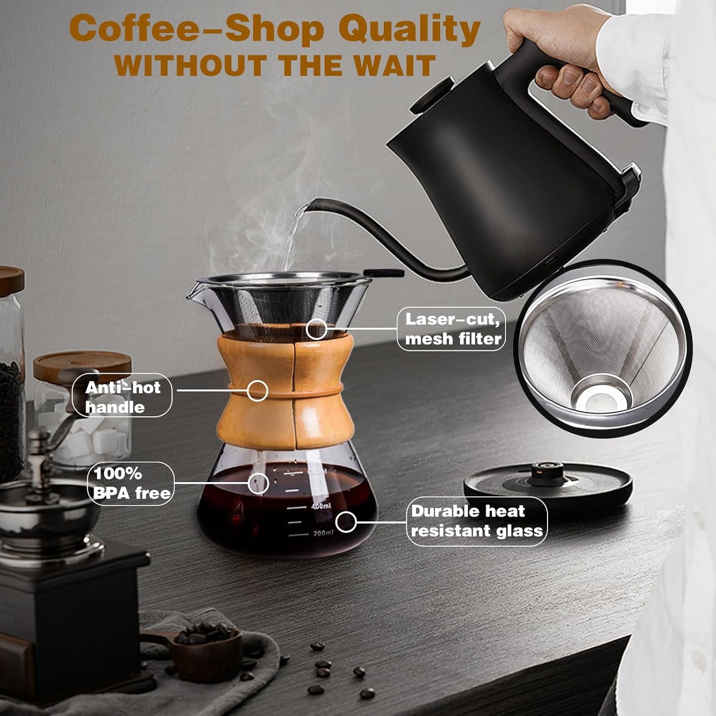 Pour Over Coffee Maker with Reusable Stainless Steel Drip Filter, Lead-Free Borosilicate Glass Coffee Carafe with Modern Wooden Collar for 1-6Cup, Circular Clear (800ml/27oz)