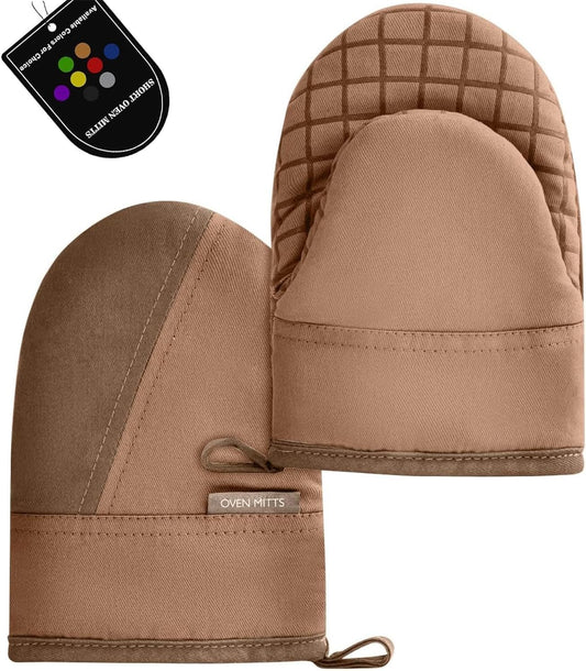 Mini Oven Mitts, Kitchen Oven Gloves Kitchen Mittens 500 Degrees Heat Resistant Baking Gloves, Non-Slip Silicone Surface with Hanging Loops Hot Gloves for Cooking, Baking, BBQ 1 Pair-Brown