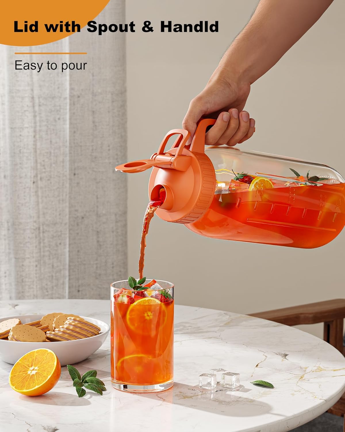 | 2 Pack | 64oz | Glass Mason Jar Pitcher with Lid and Spout, 2 Quart (1.9 Liter) Airtight Glass Water Jug Wide Mouth for Juice, Sun Tea, Iced Coffee, Milk Storage, Purple & Orange