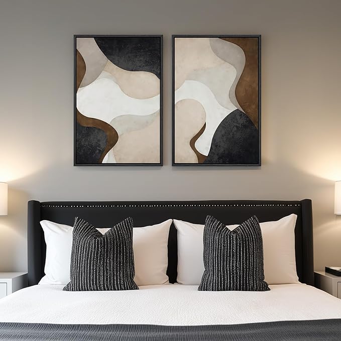 Framed Neutral Abstract Minimalist Wall Art Set of 2, Modern Canvas Prints - Image 2