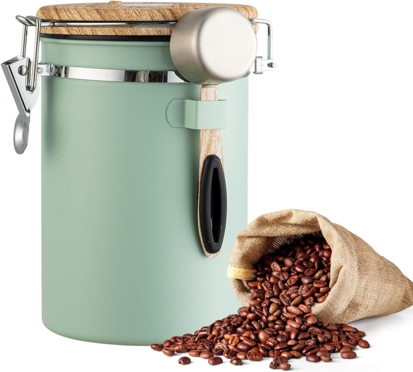 Airtight Coffee Canister 1.8L with Wooden Lid Scoop Set, 304 Stainless Steel Food Storage Container with CO₂ Valve, for Beans, Grounds, Tea, Sugar, Flour, Nuts (Green,1.8L)