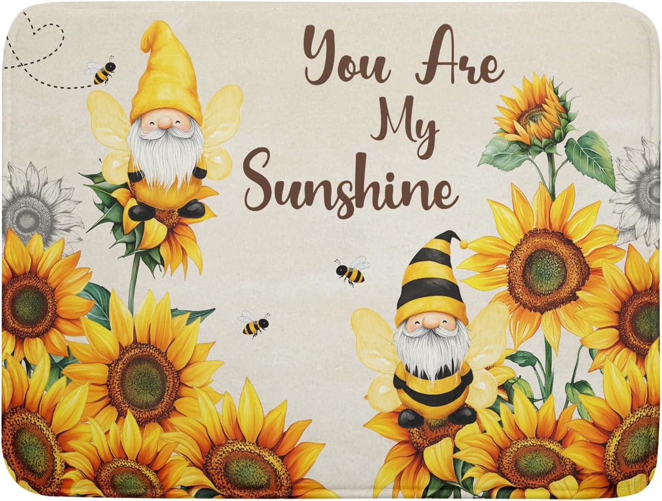 Giwawa Bee Gnomes Dish Drying Mat, Summer Sunflowers Elf Dish Drainer Mats for Kitchen Countertop, Vintage Sunshine Floral Absorbent Reversible Dish Drying Pad Decor, 18x24inches, Large