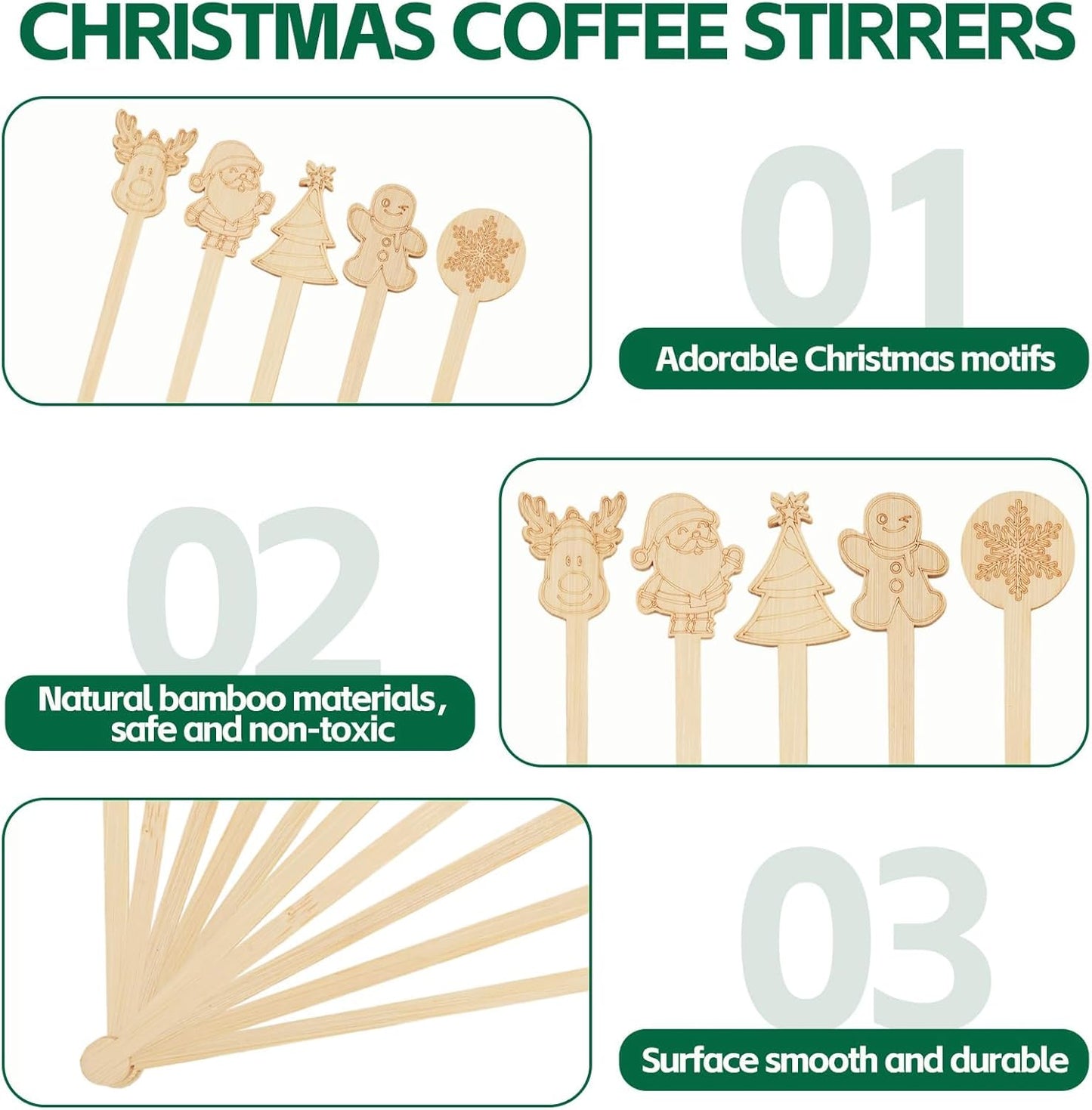 60 PCS Christmas Bamboo Coffee Blender 7 Inch Bamboo Blender Cocktail Blender Biodegradable Disposable Drink Mixer for Christmas Office Milk Cocktail Tea Party Supplies (50)