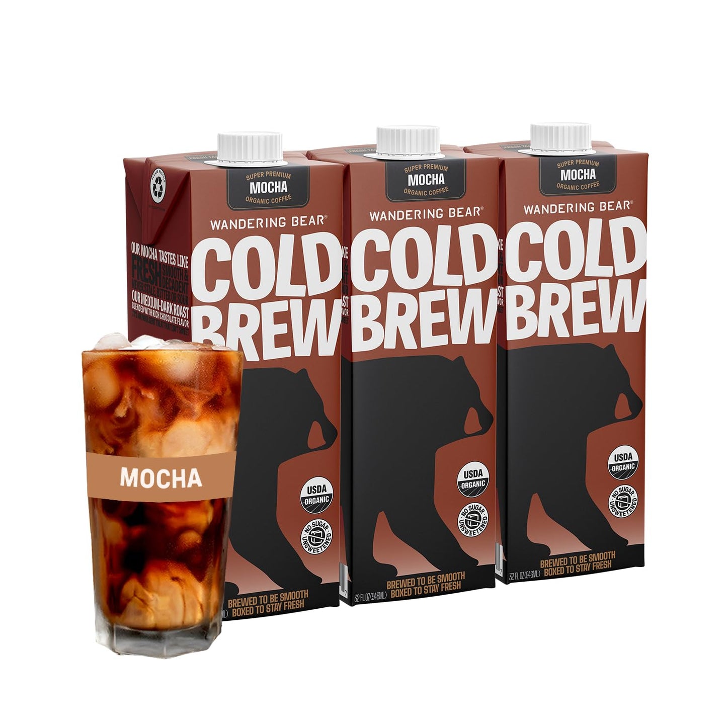 Wandering Bear Organic Mocha Cold Brew Coffee, 32 fl oz, 3 pack - Extra Strong, Bold, Smooth, Unsweetened, Shelf-Stable, Ready to Drink, Gluten Free, & Vegan, Iced Cold Brewed Coffee Drinks