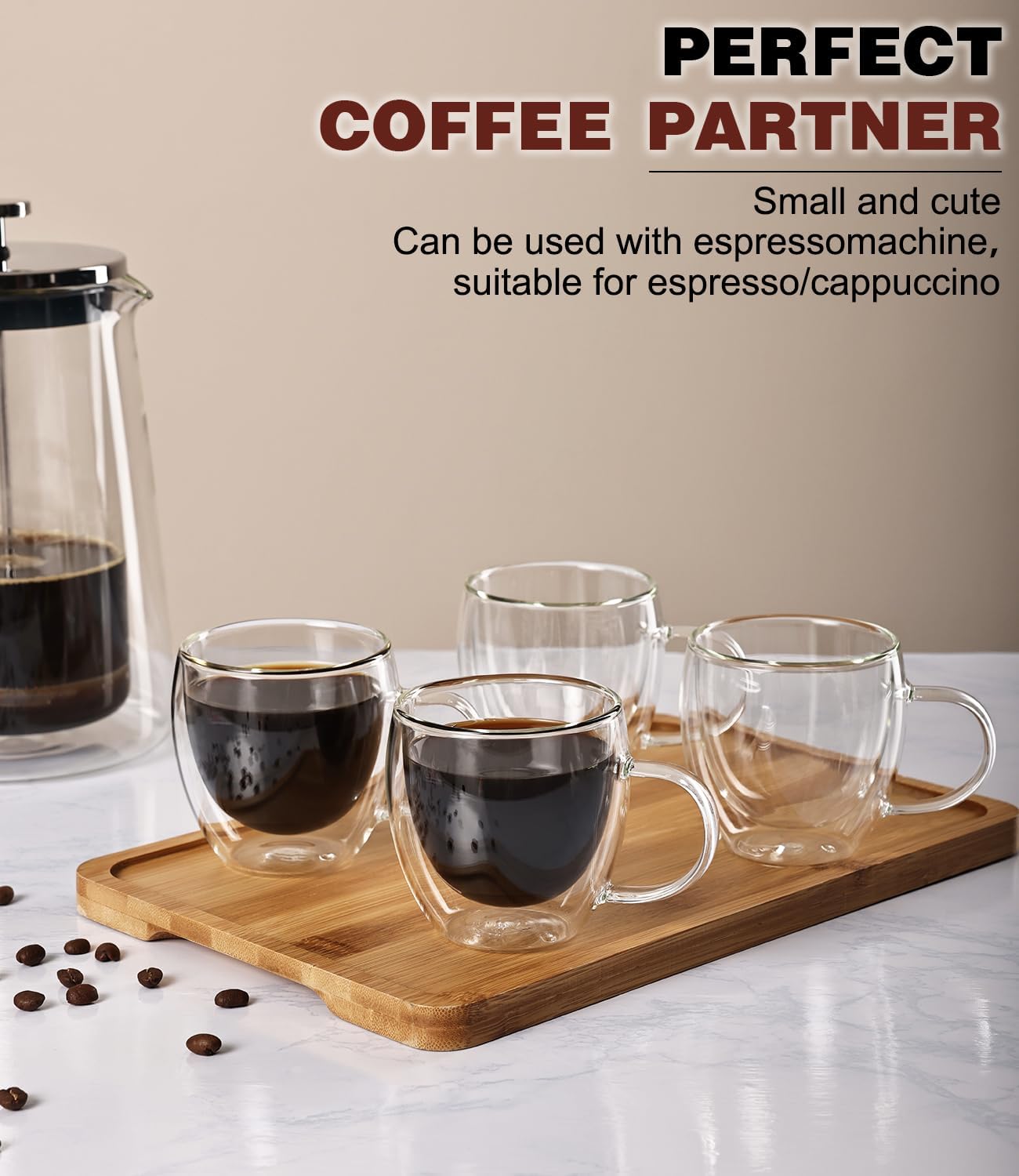 OJA Espresso Cups Set of 4, Hand Blown 5OZ Double Wall Glass Mugs with Handle Perfect for Cappuccino, Latte, Tea, Clear Glass Espresso Shot Cups Suitable for Coffee Machine