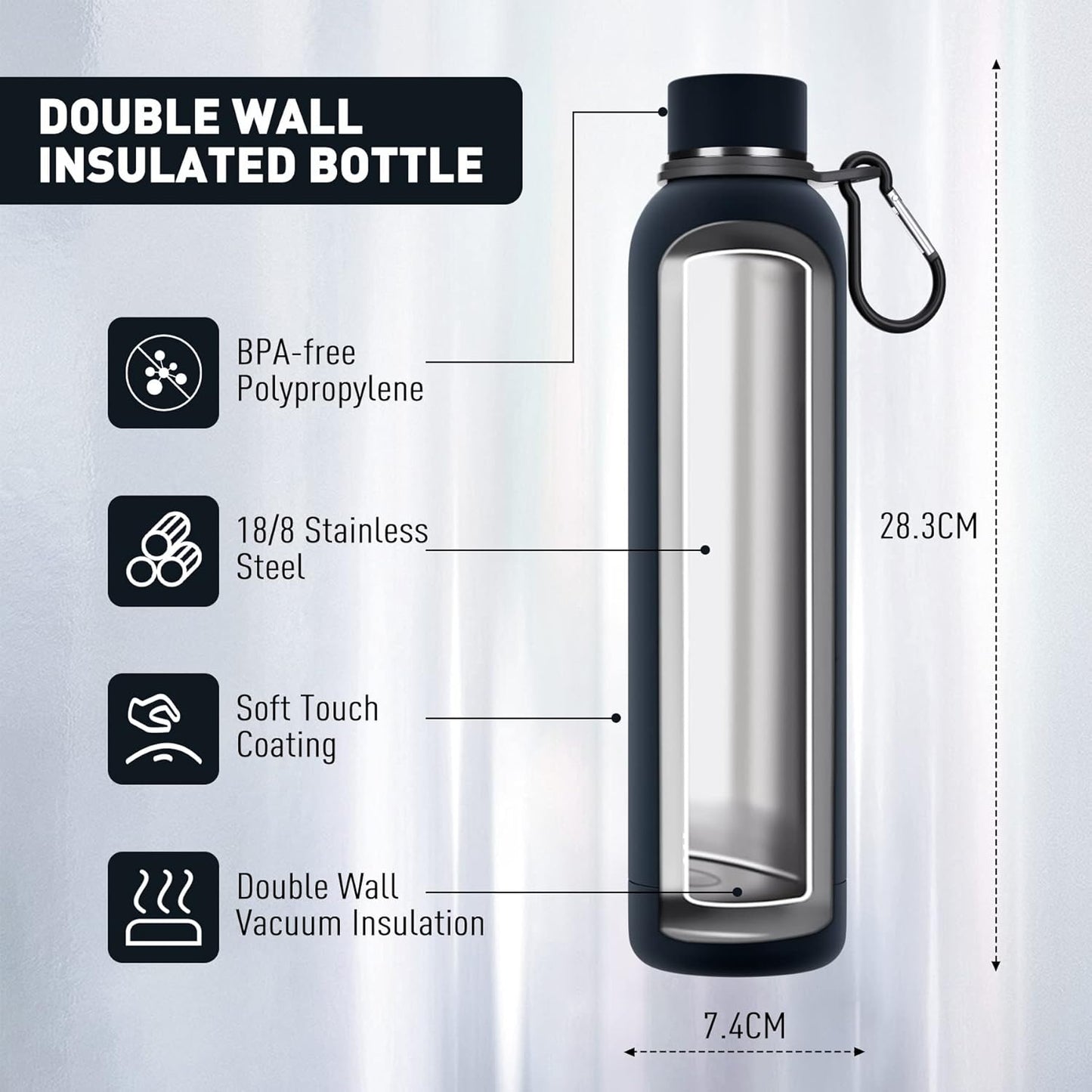 Slim Insulated Water Bottles for Travel 25oz with Clip, Double Wall Vacuum Stainless Steel Water Bottle Keeps Drinks Cold 24 Hrs/Hot 12 Hrs, 100% Leakproof, BPA Free(Black)