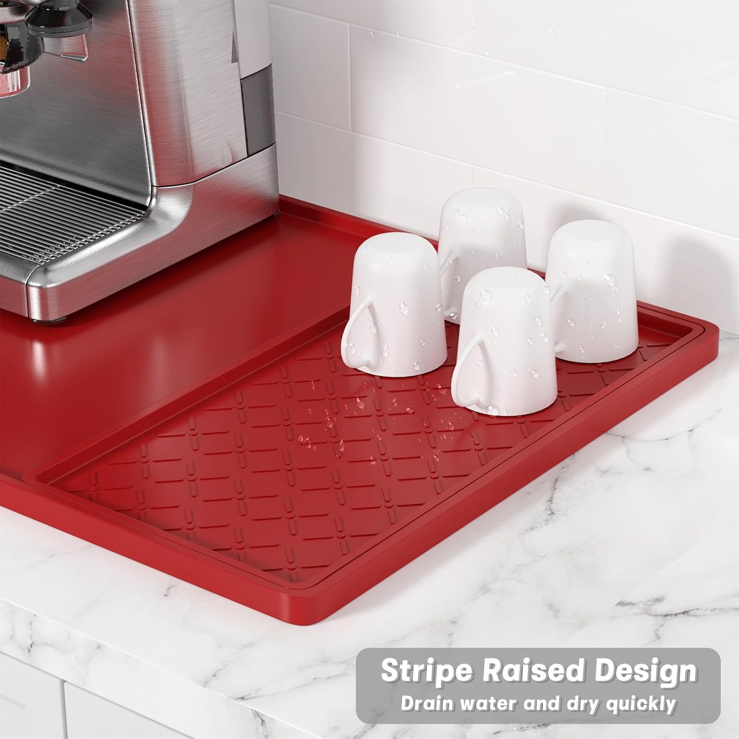 Rnivvi Silicone Coffee Mat, 16" x 24" Waterproof Raised Edge Coffee Bar Mats for Espresso Machine Station Accessories, Heat Resistant Detachable Dish Drying Pad for Kitchen Counter, Dish Rack, Red