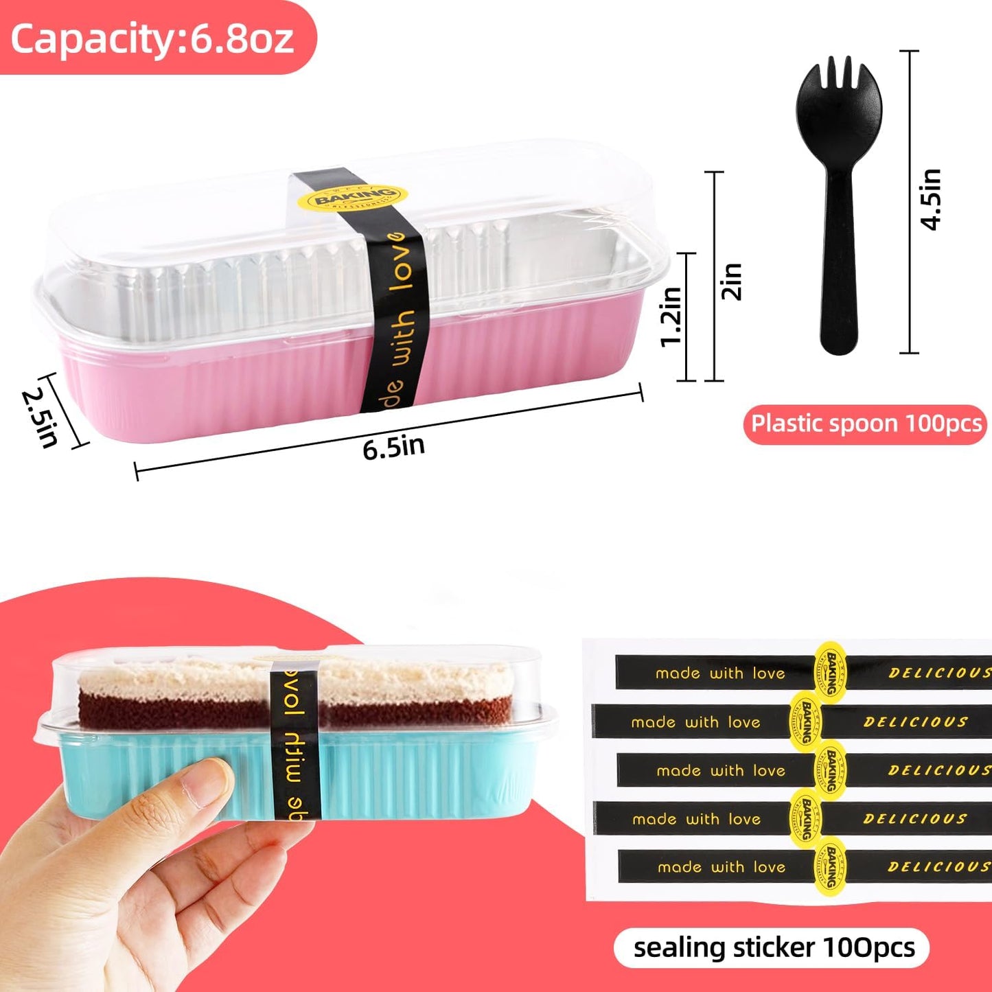 Mini Loaf Pans with Lids and Spoons Sealing Sticker,120 Pcs 6.8oz Cake Pans for Baking Disposable Aluminum Foil Red cake pan (mixed)