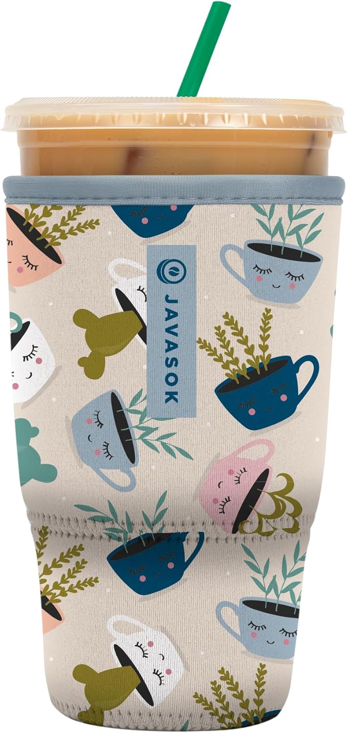 Sok It JavaSok Iced Coffee & Cold Soda Insulated Neoprene Cup Sleeve (Botanical Teacups, Large: 30-32oz)