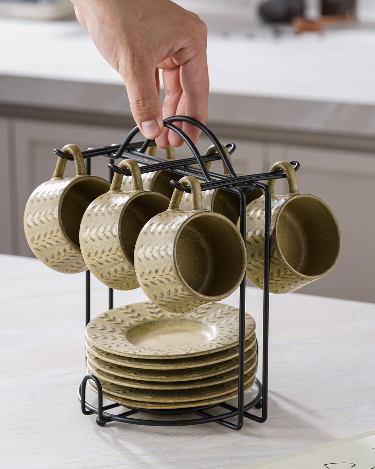 Espresso Cups Set with Saucer and Metal Stand, Porcelain Small Demitasse Cups Cappuccino Cups for Espresso, Latte, Cafe Mocha, Cappuccino, and Tea, 4 oz, Set of 6, Yellow