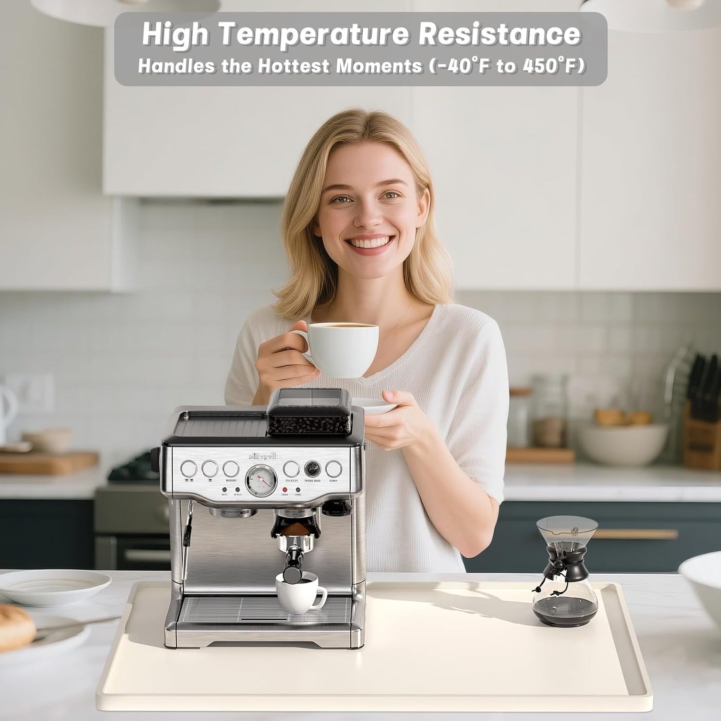 Rnivvi Silicone Coffee Mat, 12" x 19" Waterproof Raised Edge Coffee Bar Mats for Espresso Machine Station Accessories, Heat Resistant Dish Drying Pad for Kitchen Counter, Rubber Bar Decor Pad, Beige