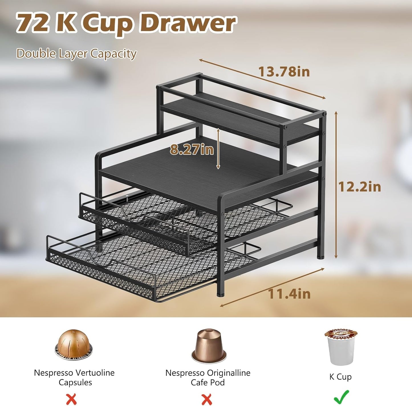 Coffee Bar Organizer, Coffee Pod Organizer,3 Tier Coffee Syrup Rack Organizer,72 K Cup Storage for Counter Storing K Cup,Coffee Syrups, Coffee Makers and Other Coffee Supplies-Black