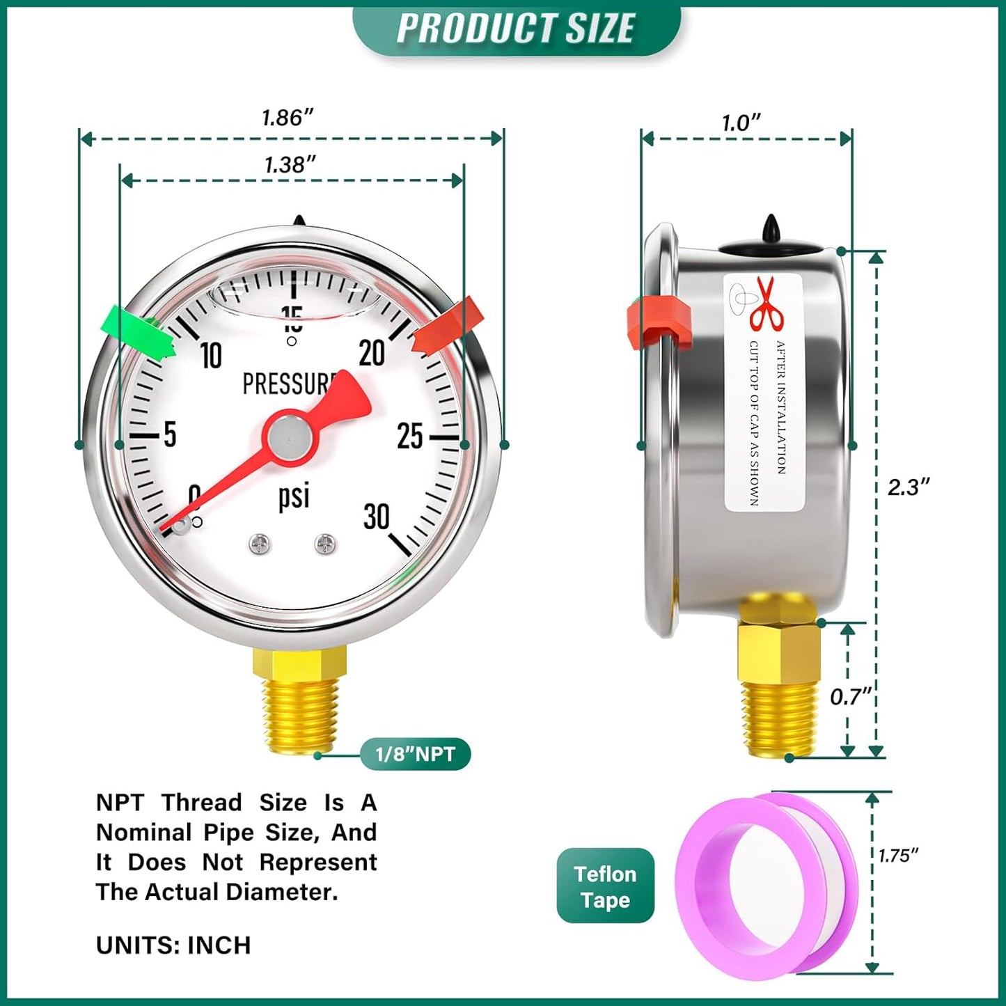0-30psi Stainless Steel Glycerin Liquid Filled Pressure Gauge1/8 NPT 1.5" Dial, Lower Mount for Pressure Testing of Water, Oil and Air (with Range Mark Pointer)